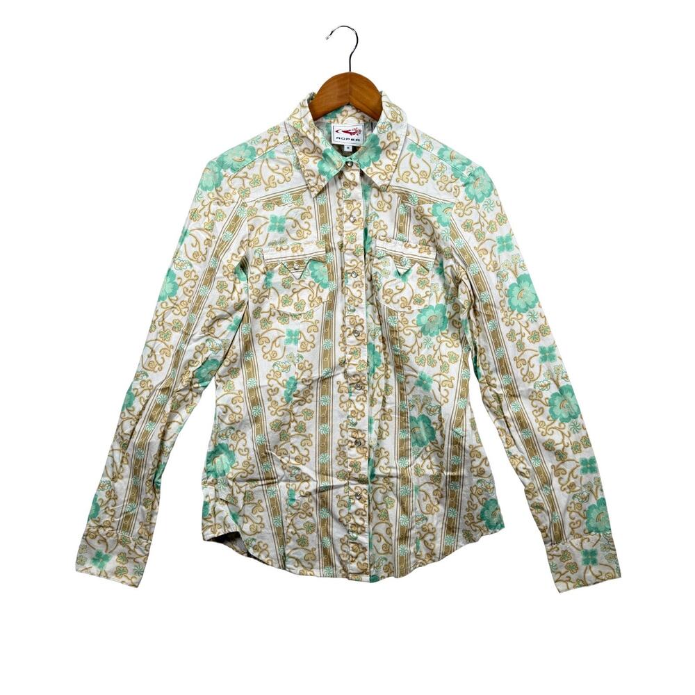 Roper Women's M Western Pearl Snap Shirt Floral Vine Stripe Cotton Long Sleeve